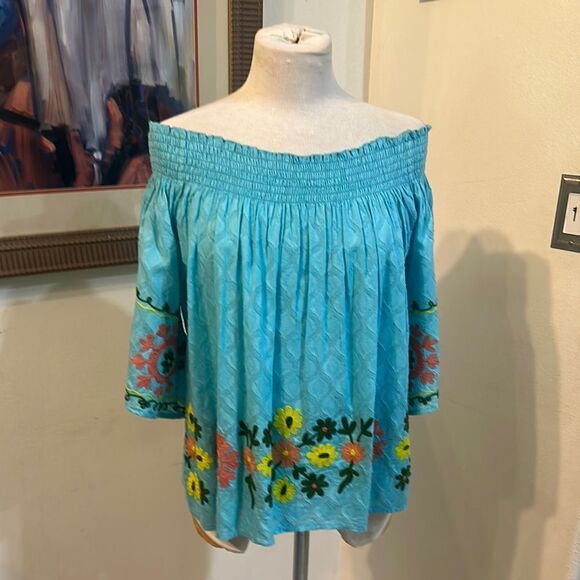 MODAPOSA Floral Embroidered Off-Shoulder Top - Blue Size Small - Picture 2 of 14